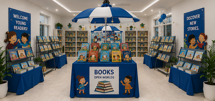 Colorful Book Canopy & Display Shelves
